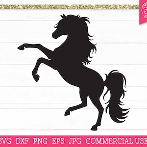 May include: Black silhouette of a horse rearing up on its hind legs with its mane and tail flowing. The horse is facing the left side of the image.