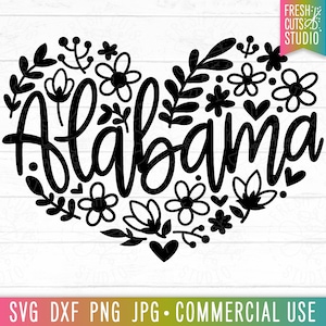 Alabama SVG Cut File, State Name Heart, Floral Alabama PNG, Alabama Shirt Design PNG Sublimation Digital Download, Flower Heart svg
