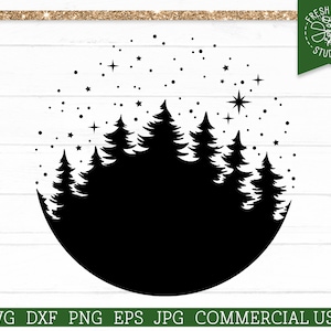 May include: Black and white silhouette of a forest with stars in the sky. The forest is in the shape of a circle.