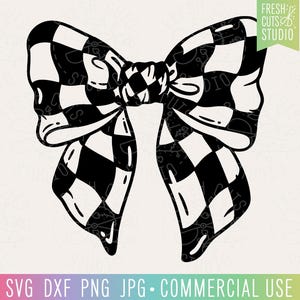 May include: Black and white checkered bow with a knot in the center. The bow is a graphic design element.