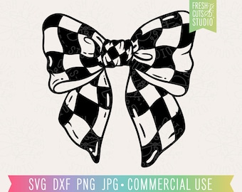 Checkered Bow Svg Cut File for Cricut, Coquette Check Bow, Hand Drawn Bow Clipart Image Png for Sublimation, Black Checkered Coquette Bow