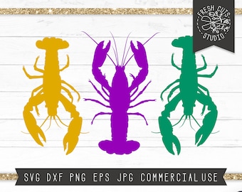 May include: Three silhouette images of crawfish in yellow, purple, and green. The crawfish are facing forward with their claws outstretched.