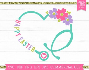 Happy Easter Stethoscope SVG Floral Nurse svg Cut File Cricut, Spring Flowers Heart Stethoscope Monogram Frame png dxf, Nurse shirt design