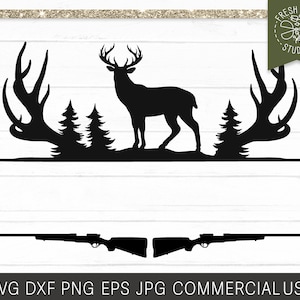 Hirsch jagen Rahmen SVG, Hirsch svg, Jagd svg, Gewehr svg, Pine Tree Wald svg, Buck svg, Jagd-Monogrammrahmen Deer Rifle Cut File Cricut