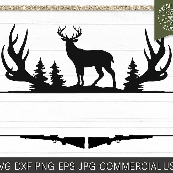 Deer Hunting Frame SVG, Deer svg, Hunting svg, Rifle svg, Pine Tree Forest svg, Buck svg, Hunting Monogram Frame Deer Rifle Cut File Cricut