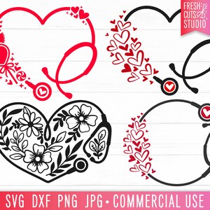 May include: Four different designs of a stethoscope in the shape of a heart. The first design features a red stethoscope with candy hearts and a lollipop. The second design features a black stethoscope with red hearts. The third design features a black stethoscope with floral designs. The fourth design features a black stethoscope with red hearts.