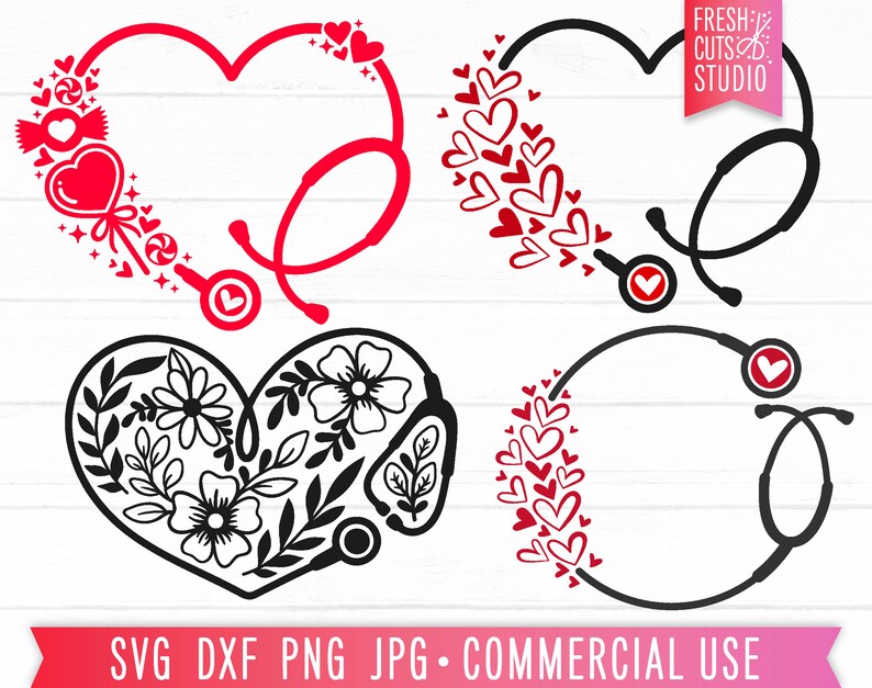 May include: Four different designs of a stethoscope in the shape of a heart. The first design features a red stethoscope with candy hearts and a lollipop. The second design features a black stethoscope with red hearts. The third design features a black stethoscope with floral designs. The fourth design features a black stethoscope with red hearts.