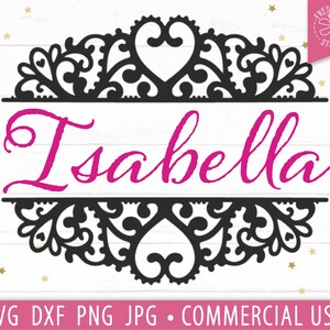 May include: Black and white decorative design with a heart shape in the center. The name "Isabella" is written in pink cursive lettering.