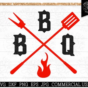 May include: A red and black BBQ design with crossed grilling tools, a flame, and the letters "BBQ".