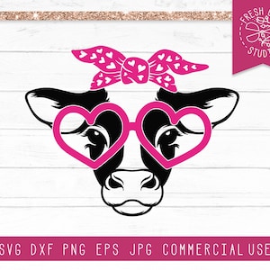 Cow SVG pour les filles, Saint-Valentin SVG Farm Valentine Cow Cut File pour Cricut, Silhouette, Lunettes de soleil coeur, visage de vache, Girl Cow Head Bandana