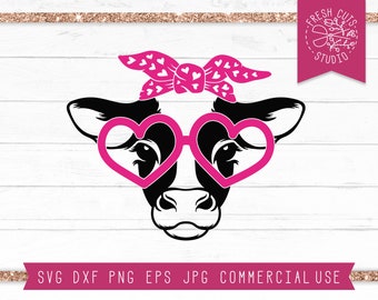 Kuh SVG für Mädchen, Valentinstag SVG Bauernhof Valentine Kuh geschnitten Datei für Cricut, Silhouette, Herz Sonnenbrille, Kuh Gesicht, Mädchen Kuh Kopf Bandana
