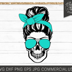Download instantâneo Messy Bun Skull SVG, Skull Mom Life SVG, Momlife, Messy Hair, Skull Mom Svg Png Dxf Jpg, arquivo de uso comercial para Cricut
