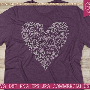 Arquivo de corte SVG de coração de flor para silhueta Cricut, design floral de coração de dia dos namorados, coração svg de dia dos namorados, amor, jardinagem, flores silvestres png