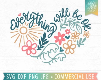 Everything Will Be Ok SVG, Pretty Beach Quote svg Summer Motivational Saying, Ocean Waves Floral Heart, Retro Beach PNG, Retro Wave svg