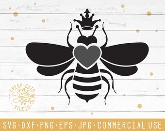 Queen Bee SVG Cut File Design for Cricut Cameo, Bumble Bee Silhouette Cutting Files, Heart Insect Honey Bee Keeper SVG Vinyl Transfer PNG