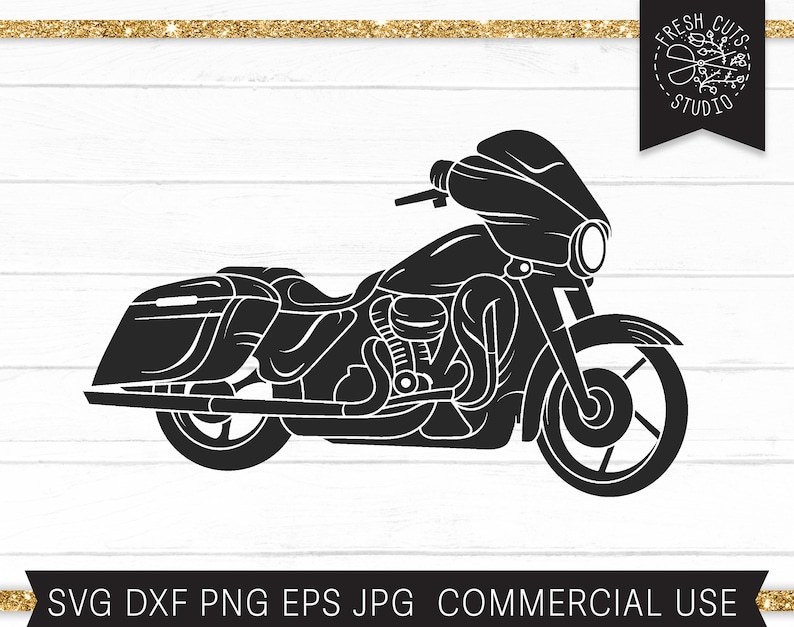 May include: Black silhouette of a motorcycle with a large front fairing and a sidecar. The motorcycle has a detailed design with intricate lines and curves.