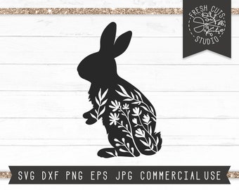 Rabbit SVG, Floral Rabbit SVG, Rabbit Silhouette SVG Cut file for Cricut, Flower Bunny Svg, Easter Bunny Svg, Farmhouse Hare Svg, Dxf png