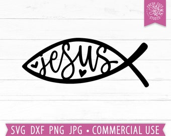 Jesus SVG Christian Fish Cut File Cricut, Silhouette Files, Hand Lettered, Faith svg, Bible svg, Christian PNG Clipart, Fish Symbol svg dxf