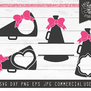 May include: Four black and white megaphone silhouettes with pink bows. Each megaphone has a blank space for personalization. The text "SVG DXF PNG EPS JPG COMMERCIAL USE" is at the bottom of the image.