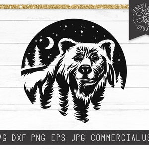 Bear SVG File, Bear Silhouette svg, Bear Woods Svg, Pine Trees svg Forest, Mountains svg, Grizzly Bear Face svg, Circle svg, Outdoors svg