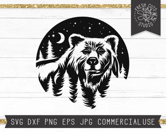Bear SVG File, Bear Silhouette svg, Bear Woods Svg, Pine Trees svg Forest, Mountains svg, Grizzly Bear Face svg, Circle svg, Outdoors svg