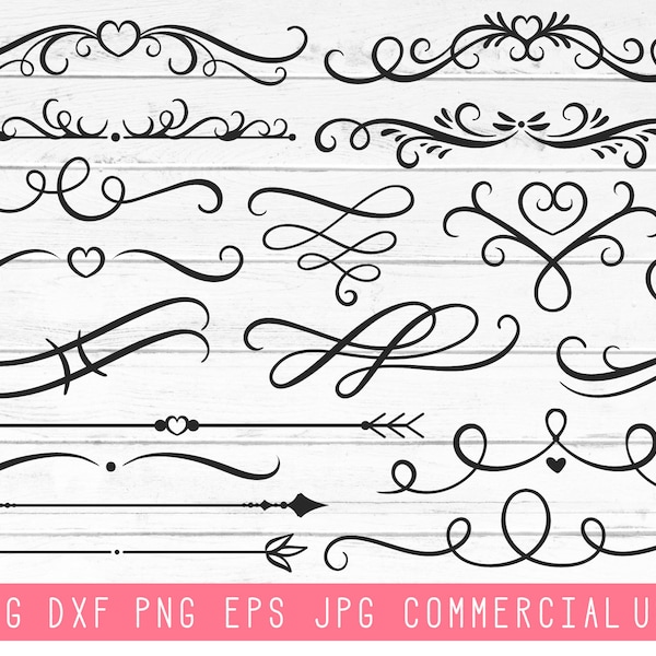 Flourish Svg Clip Art Digital Cut Files, Swoosh SVG, Swish Curly Curls SVG, Wedding Decorative Accents Doodles Clipart, Heart Swirls