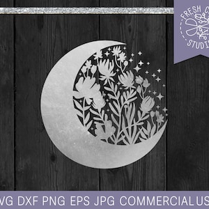 Flower Moon SVG Cut File for Cricut Silhouette, Floral Moon, Crescent, Celestial Wildflowers, Garden, Starry Night Witch, Boho Witchy Hippie