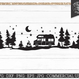 Camper SVG, Archivo de corte de autocaravana para Cricut, RV Svg, Camping Camper Van SVG, Fogata en el bosque, Happy Camper Silhouette, Stars Moon, Png