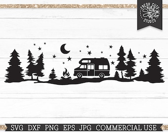 Camper SVG, Motorhome Cut File für Cricut, RV Svg, Camping Camper Van SVG, Campfire in the Woods, Happy Camper Silhouette, Sterne Mond, Png