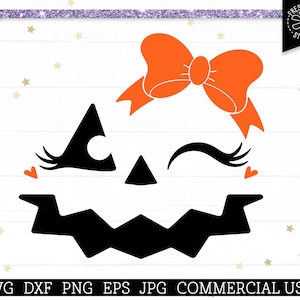 Guiñando a Jack O Lantern Face Svg Pumpkin Face Girl with Eyelashes SVG, Girl Jack o Lantern with Bow, Cute Halloween Girl Cut File for Cricut