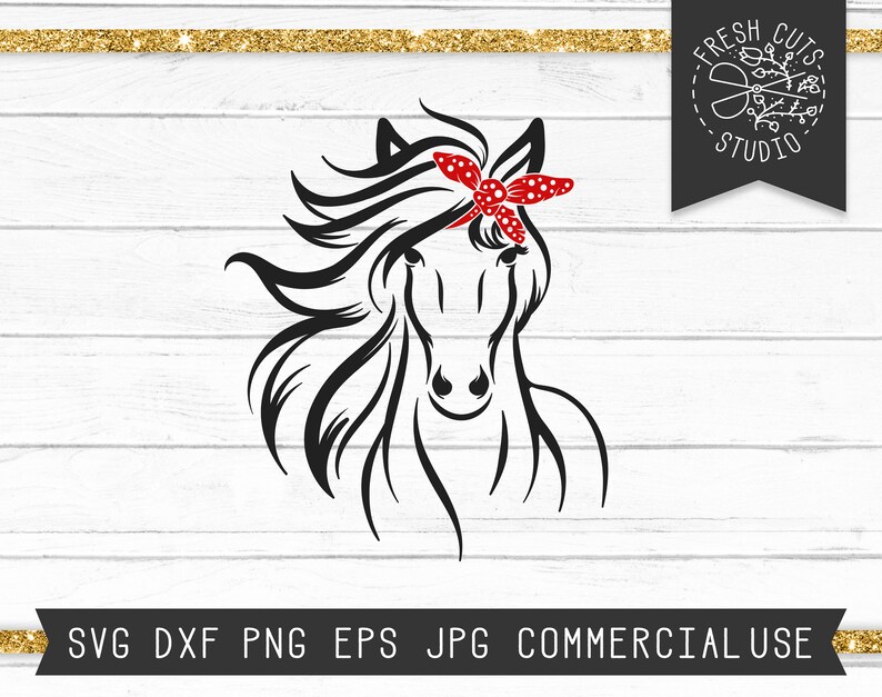 May include: Black and white silhouette of a horse's head with a red bandana with white polka dots tied around its head.
