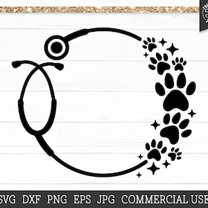 Paw Stethoscoop SVG, Dierenarts SVG Cut File Cricut, Silhouet, Cirkel Stethoscoop Monogram Frame Sublimatie, Paw prints, Vet Tech Svg