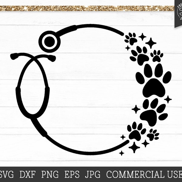 Paw Stethoscope SVG, Veterinarian SVG Cut File Cricut, Silhouette, Circle Stethoscope Monogram Frame Sublimation, Paw prints, Vet Tech Svg