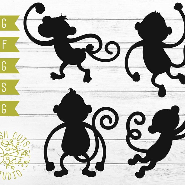 Cute Monkey SVG Silhouette Cut Files, Monkey Clipart Vector Dxf Cutting Files, voor Cameo Cricut Vinyl Sticker Stickers, Scrapbook Monkey PNG