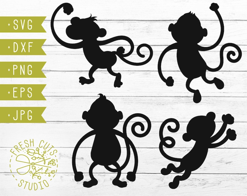 May include: Four black silhouette images of monkeys with curled tails. The monkeys are in different poses, some are swinging, some are sitting.
