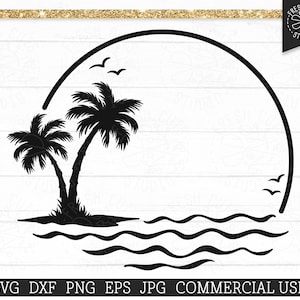 Palm Tree SVG Circle Monogram Frame Cut File for Cricut, Ocean Waves, Tropical Vacation Beach Circle Frame, vinyl decal Design, png dxf jpg
