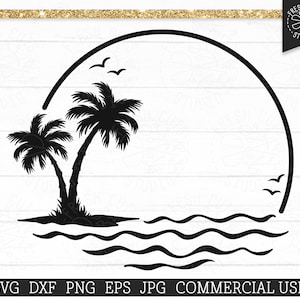 File di taglio della cornice del monogramma circolare della palma in formato SVG per Cricut, onde dell’oceano, cornice circolare della spiaggia per vacanze tropicali, disegno della decalcomania in vinile, png dxf jpg