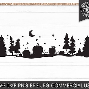 Pumpkin Patch SVG Starry Forest, Halloween Sign Landscape, Pumpkin Farm Pine Tree Landscape Scene, Fall Sign Svg, Rustic Autumn SVG PNG