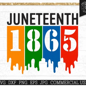 May include: A digital design featuring the text "JUNETEENTH 1865" in black with dripping paint in orange, green, blue, and red.