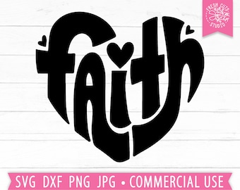 May include: Black and white graphic design of the word "faith" in a heart shape. The word is stylized with a cross in the middle of the "t".