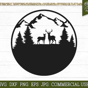 Deer SVG Circle Frame Cut File Cricut, Silhouette, Mountains, Deer in the Woods, Pine Trees, Forest svg, Buck and Doe, Deer Family svg,