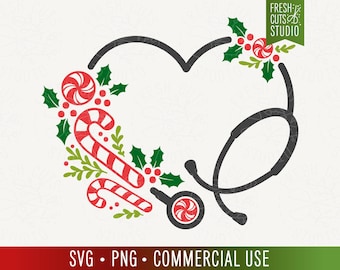 Christmas Nurse SVG Stethoscope Heart Cut File for Cricut Silhouette, Candy Cane Nurse Png