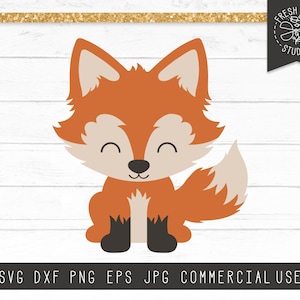 May include: A cute cartoon fox with orange fur, a white belly, and black eyes. The fox is sitting with its tail curled behind it.