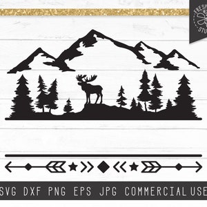 May include: Black and white silhouette design of a moose standing in front of a mountain range with pine trees. The design includes a geometric arrow border.