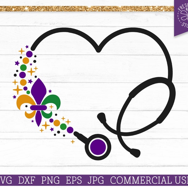 Heart Stethoscope SVG Mardi Gras Stethoscope svg Cut File for Cricut, Fleur de lis, Beads, Purple Green, Instant Download, dxf png eps