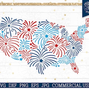 May include: A patriotic design featuring the outline of the United States filled with red and blue fireworks. The image includes the text "SVG DXF PNG EPS JPG COMMERCIAL USE" and the Fresh Cuts Studio logo.