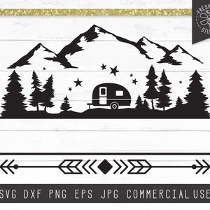 Starry Forest Camper SVG Cut Files for Cricut, Camping Family Split Frame, Monogram Frame SVG, Pine Trees svg, Woodland svg, Mountains Svg