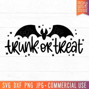 May include: Black and white silhouette of a bat with the text "trunk or treat" in a handwritten font. The image is surrounded by small white stars.