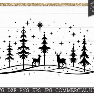 Arquivo de corte SVG de cena de cervo de inverno para Cricut, floresta nevada svg, cena mágica de Natal, pinheiros, design de decalque, uso comercial, família de cervos