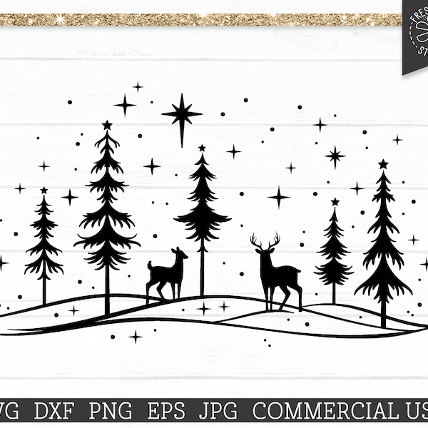 Winter Deer Scene SVG Cut File for Cricut, Snowy Forest svg, Magical Christmas Scene, Pine Trees, Decal Design, Commercial Use, Deer Family